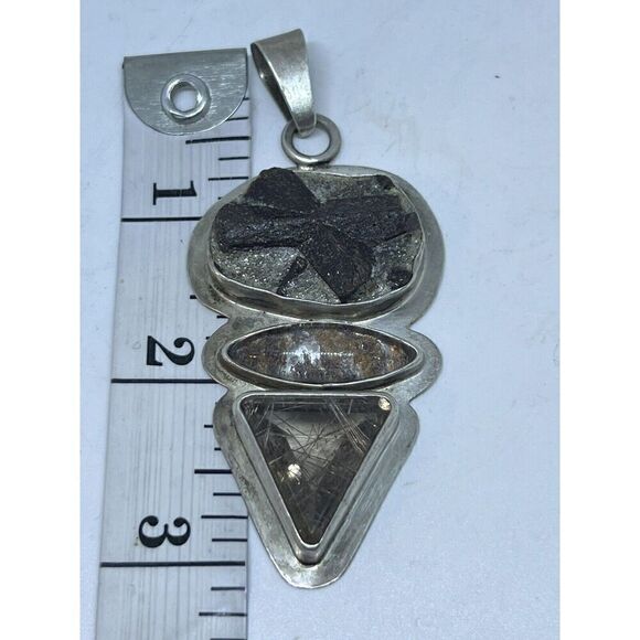 Staurolite Matrix Purple Garden Quartz Rutilated Quartz Silver Pendant with Bale - Picture 8 of 12